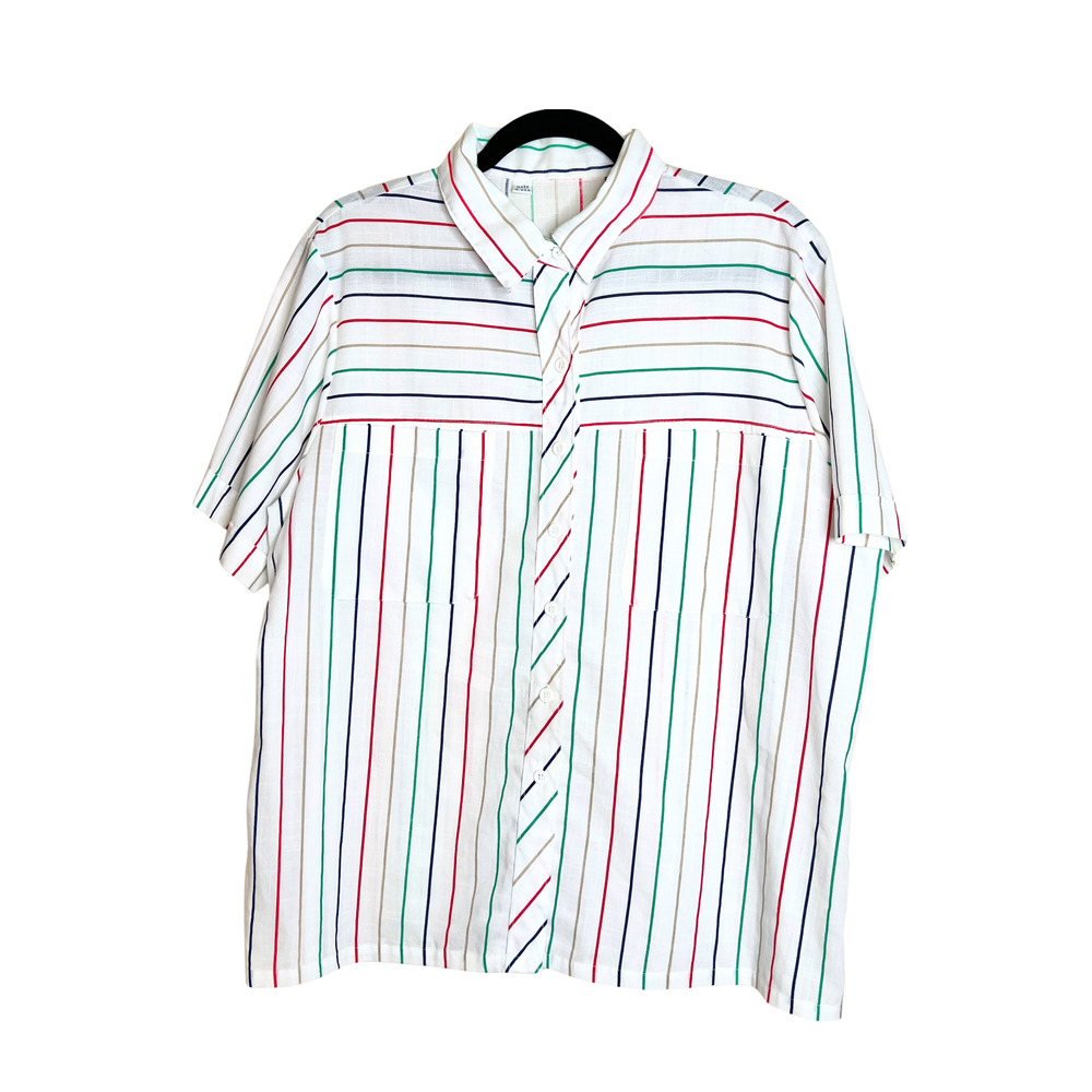 Vtg 70s Mens Mixed Striped Button-up Shirt Classic Coastal Resort Vacation Camp